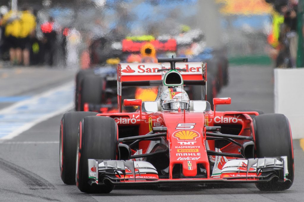 March 19, 2016: Sebastian Vettel (DEU) #5 from the Scuderia Ferrari team leaving the pits for qualifying at the 2016 Australian Formula One Grand Prix at Albert Park, Melbourne, Australia. Photo Sydney Low