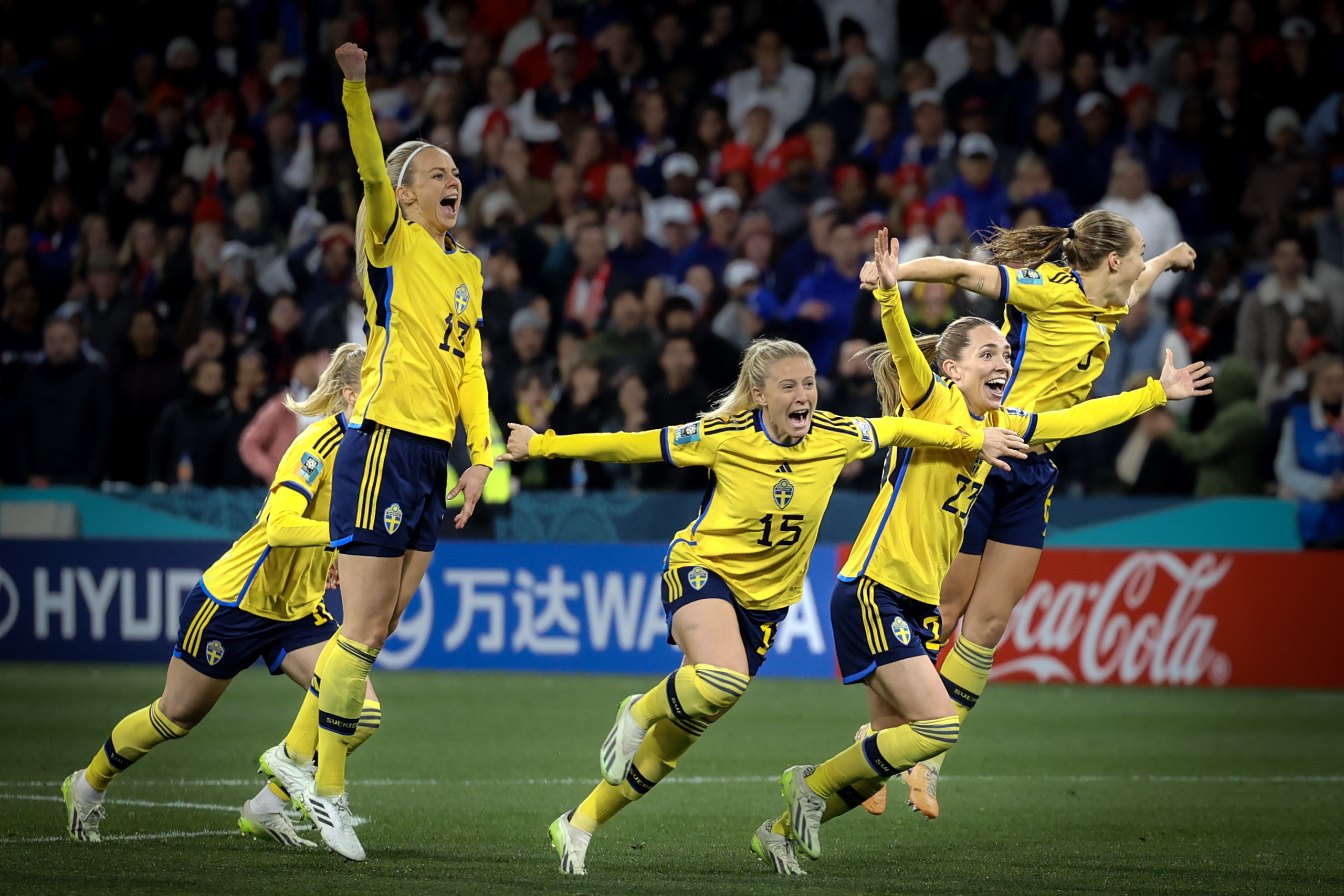 MELBOURNE - August 6, 2023: The Swedish team react after LINA HURTIG scores the decisive penalty kick during a 2023 Women's World Cup Round of 16 match between Sweden and the United States at the Melbourne Rectangular Stadium. Sweden won 5:4 on penalty kicks and advanced to the quarter-finals. 20230806_SL5_0271
