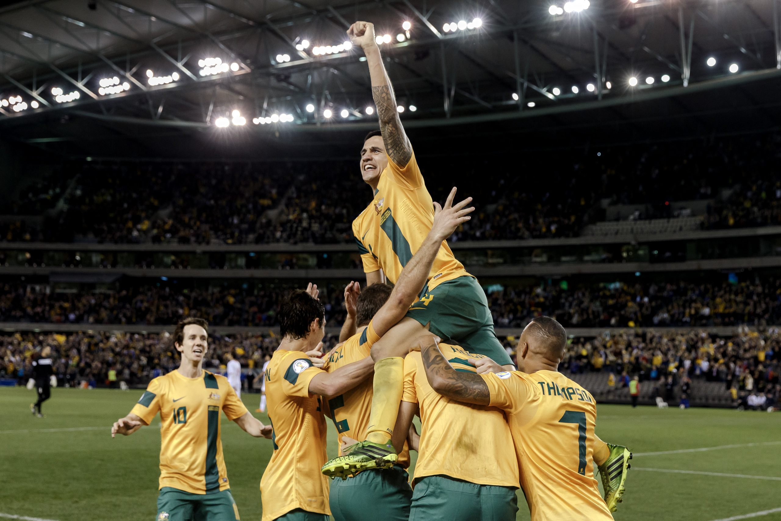 MELBOURNE, 11 JUNE 2013 - Tim CAHILL of Australia celebrates the goal of Lucas NEILL in a Round 4 FIFA 2014 World Cup qualifier match between Australia and Jordan at Etihad Stadium, Melbourne, Australia. 20130611_SYX9586