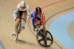 MELBOURNE – April 6, 2012:  VICTORIA PENDLETON (GBR) strays out of her line and crashes in the first race of the Womens Sprint Semifinals against ANNA MEARES (AUS) on day 3 of the 2012 UCI Track Cycling World Championships at Hisense Arena in Melbourne, Australia. Pendleton goes on to win the next two races against Meares and goes on to win the gold medal in the event. 20120406_DSC6817