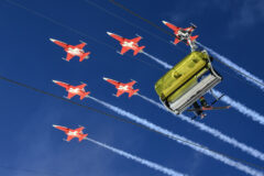 ST MORITZ – February 7, 2017: The Swiss Air Force’s air display team Patrouille Suisse put on a pre-race airshow at the FIS Alpine Ski World Championships. 20170211_SLB_5783