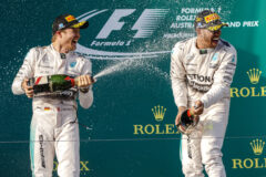 MELBOURNE – March 15, 2015: Lewis Hamilton (GBR) #44 (1st) and Nico Rosberg (DEU) #6 (2nd) spray champagne on the podium at the 2015 Australian Formula One Grand Prix at Albert Park, Melbourne, Australia. 20150315_SSYC4594