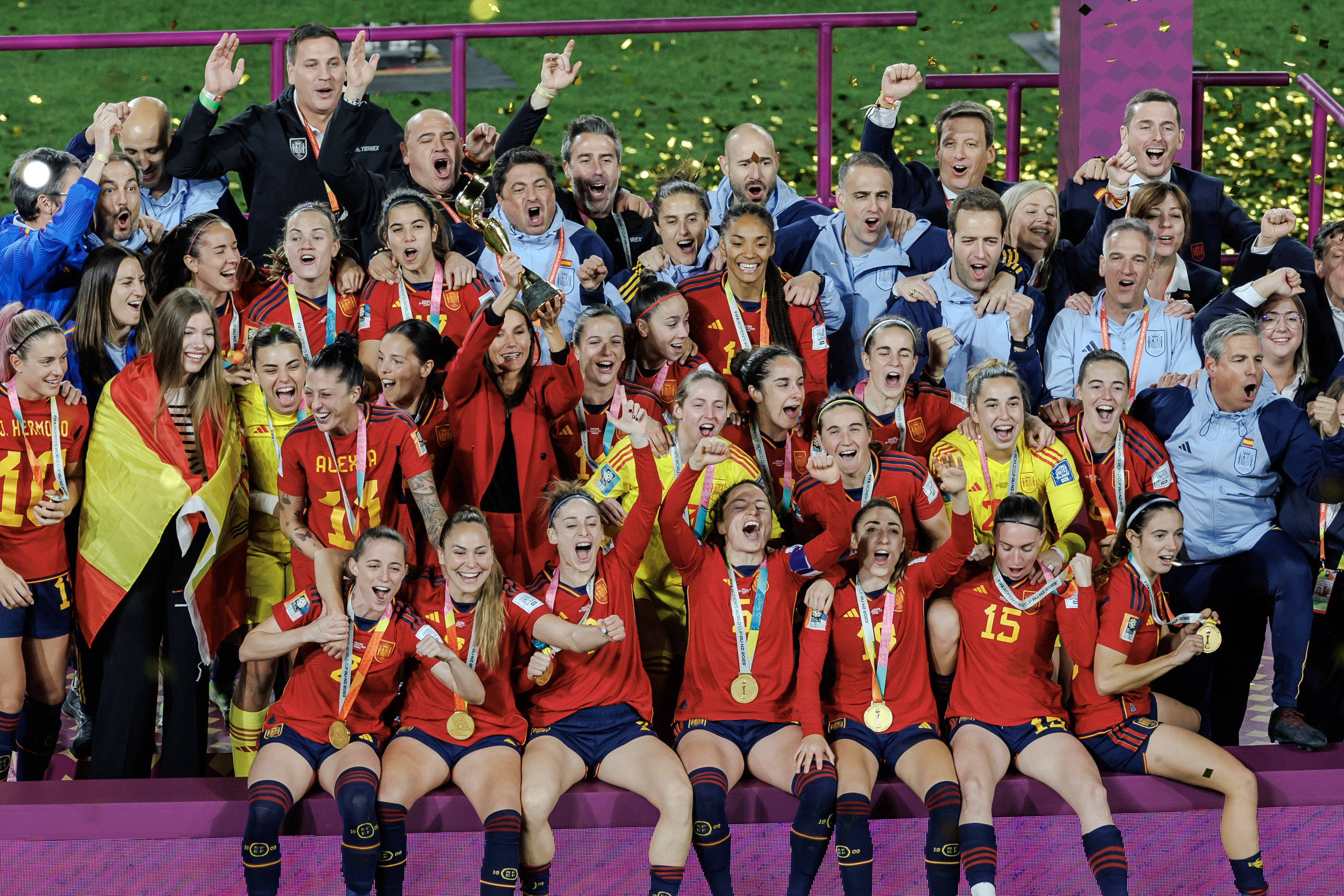 MELBOURNE - August 20, 2023: Spain celebrates after winning the 2023 Women's World Cup Final match between Spain and England at Stadium Australia in Sydney, Australia.Spain won 1:0 - 20230820_SL3_4243