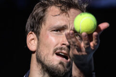 MELBOURNE – January 22, 2024: 3rd seed DANIIL MEDVEDEV of the Russian Federation in action against NUNO BORGES of Poland on Rod Laver Arena in a Men’s Singles 4th round match on day 9 of the 2024 Australian Open in Melbourne, Australia.